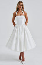 Elegant Halter Midi Dress | Women's Wedding Guest Dress with Flattering Silhouette | Perfect for Formal Events