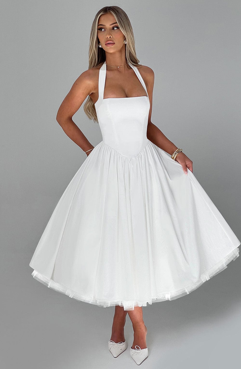 Elegant Halter Midi Dress | Women's Wedding Guest Dress with Flattering Silhouette | Perfect for Formal Events