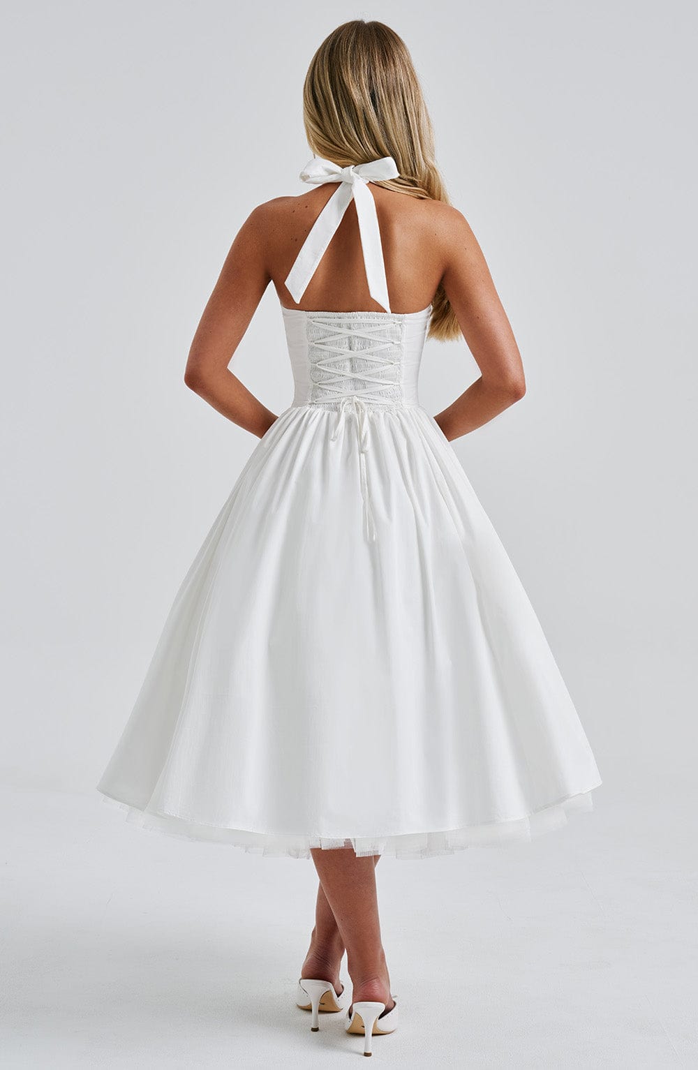 Elegant Halter Midi Dress | Women's Wedding Guest Dress with Flattering Silhouette | Perfect for Formal Events