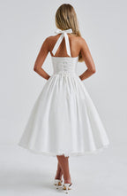 Elegant Halter Midi Dress | Women's Wedding Guest Dress with Flattering Silhouette | Perfect for Formal Events