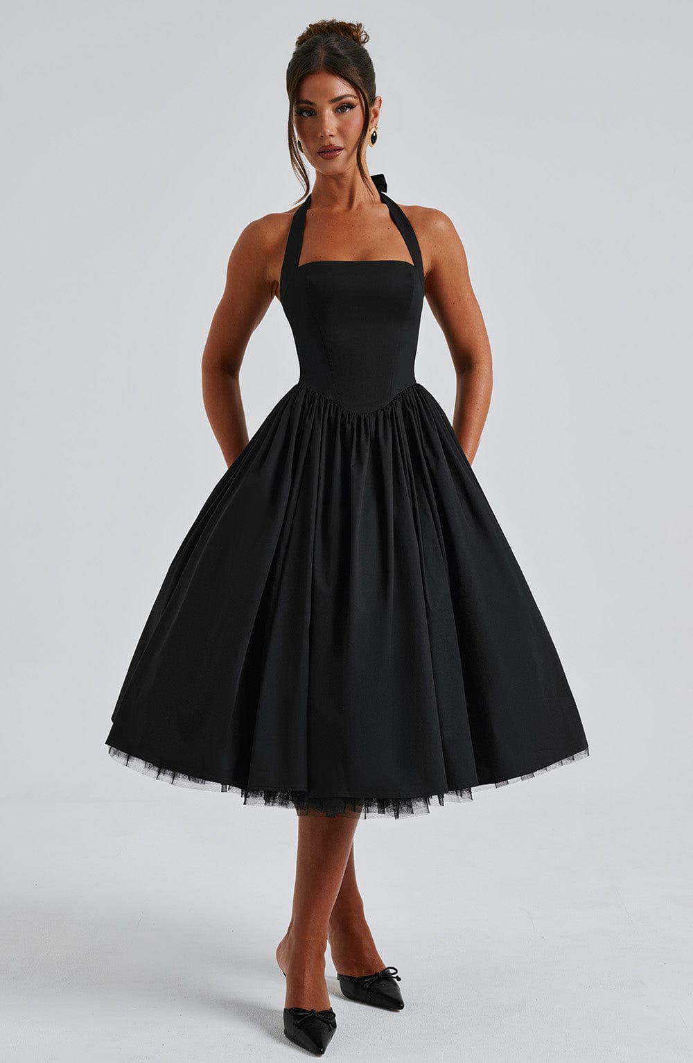 Elegant Halter Midi Dress | Women's Wedding Guest Dress with Flattering Silhouette | Perfect for Formal Events