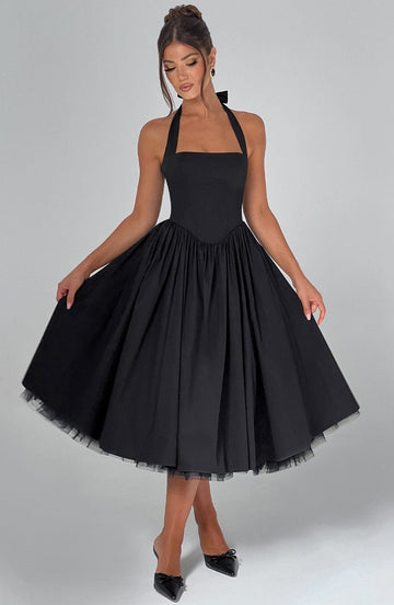Elegant Halter Midi Dress | Women's Wedding Guest Dress with Flattering Silhouette | Perfect for Formal Events