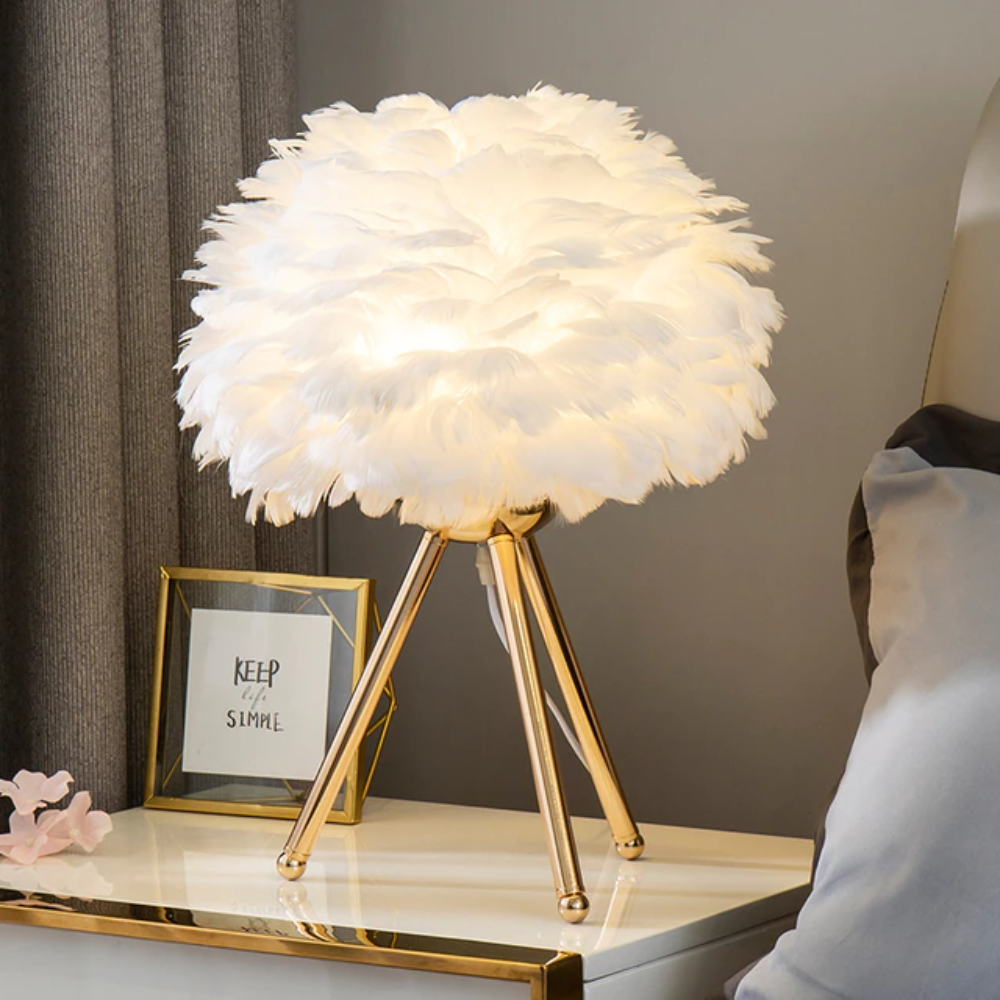 Elegant LED Table Lamp with Feather Shade & 7 Color Options | Stylish Bedside Lighting for Cozy Ambiance