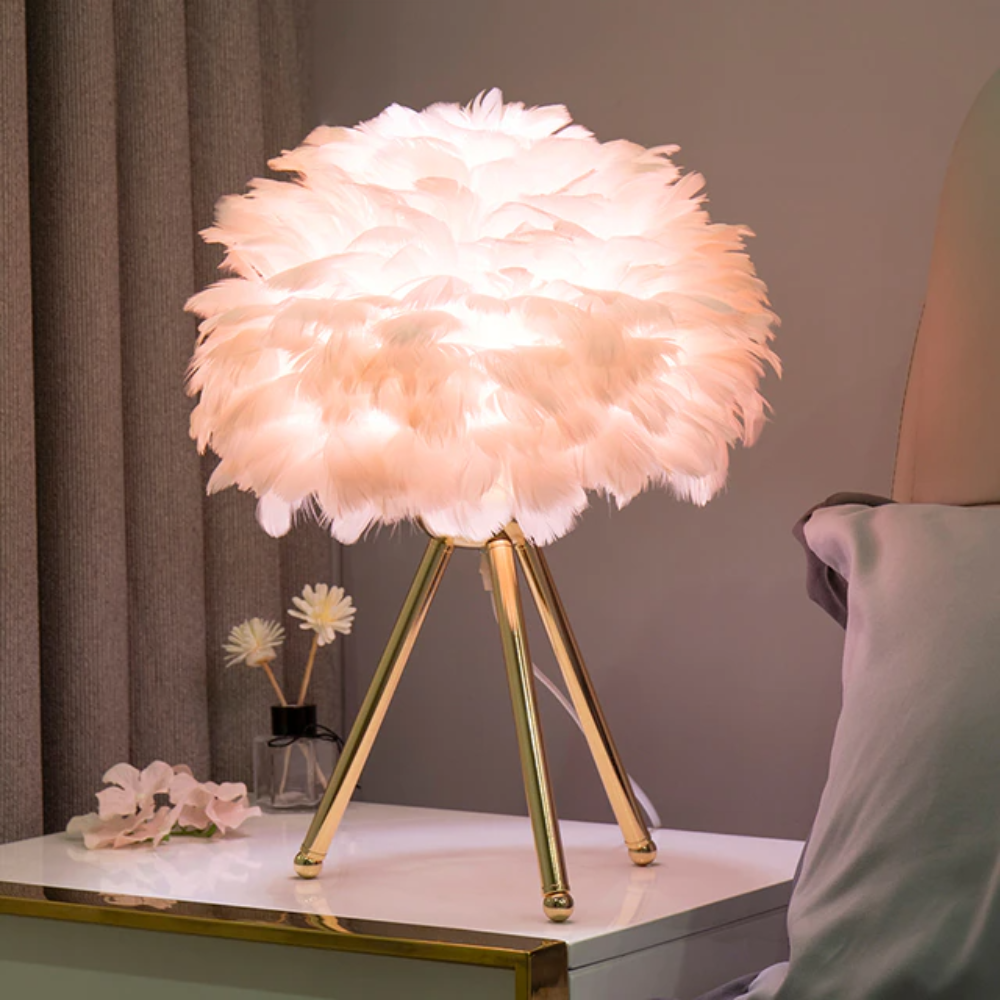 Elegant LED Table Lamp with Feather Shade & 7 Color Options | Stylish Bedside Lighting for Cozy Ambiance