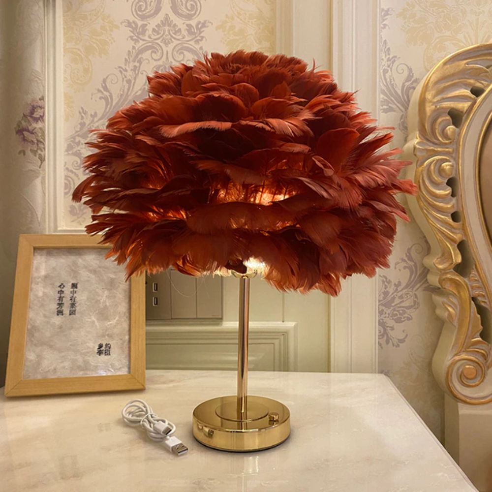 Elegant LED Table Lamp with Feather Shade & 7 Color Options | Stylish Bedside Lighting for Cozy Ambiance