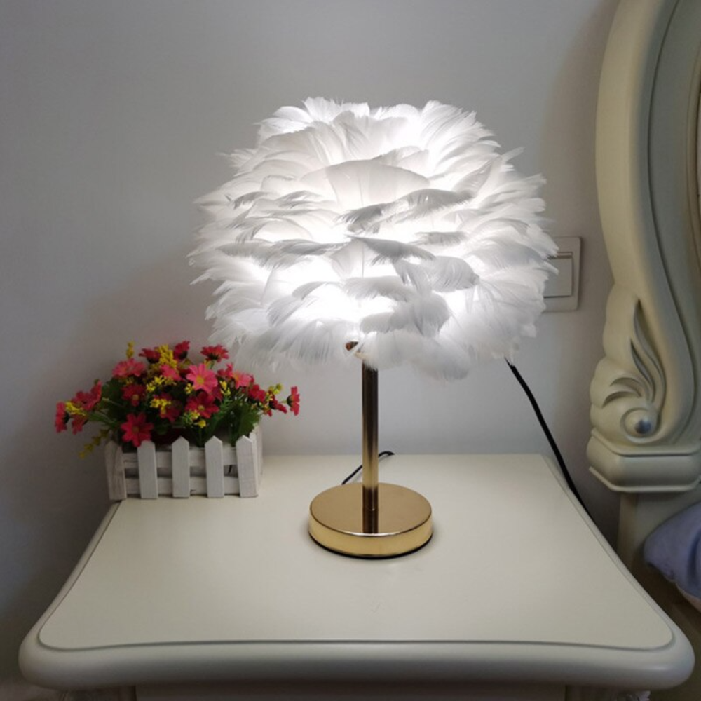Elegant LED Table Lamp with Feather Shade & 7 Color Options | Stylish Bedside Lighting for Cozy Ambiance
