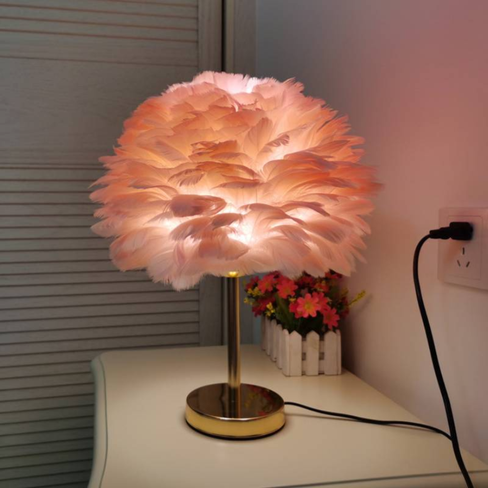 Elegant LED Table Lamp with Feather Shade & 7 Color Options | Stylish Bedside Lighting for Cozy Ambiance
