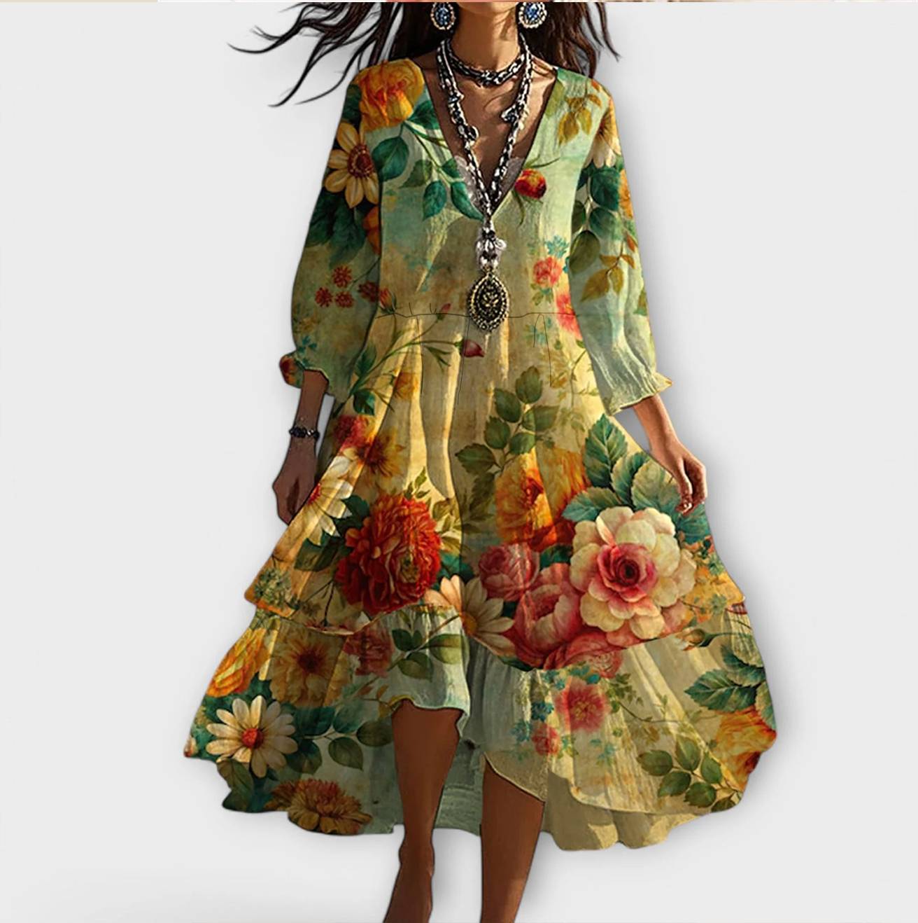 Elegant Midi Dress | Floral Midi Dress with Flattering V-Neck | Comfortable Fit for All-Day Wear