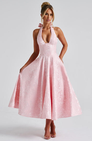 Elegant Midi Dress | Women's Flared White Cocktail Dress with Halter Neckline | Timeless Style for Special Occasions