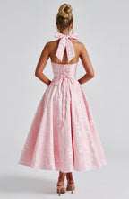 Elegant Midi Dress | Women's Flared White Cocktail Dress with Halter Neckline | Timeless Style for Special Occasions