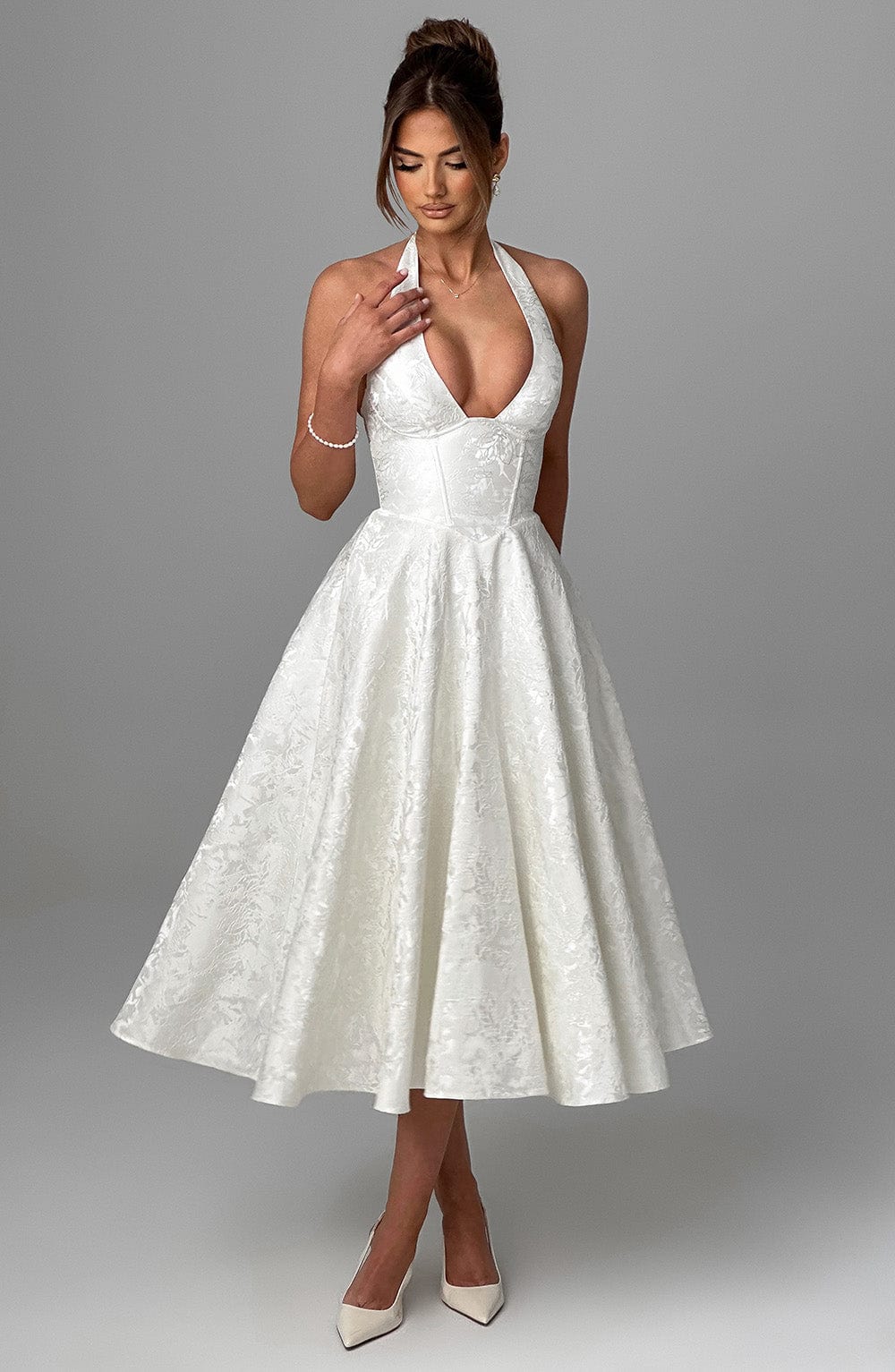 Elegant Midi Dress | Women's Flared White Cocktail Dress with Halter Neckline | Timeless Style for Special Occasions