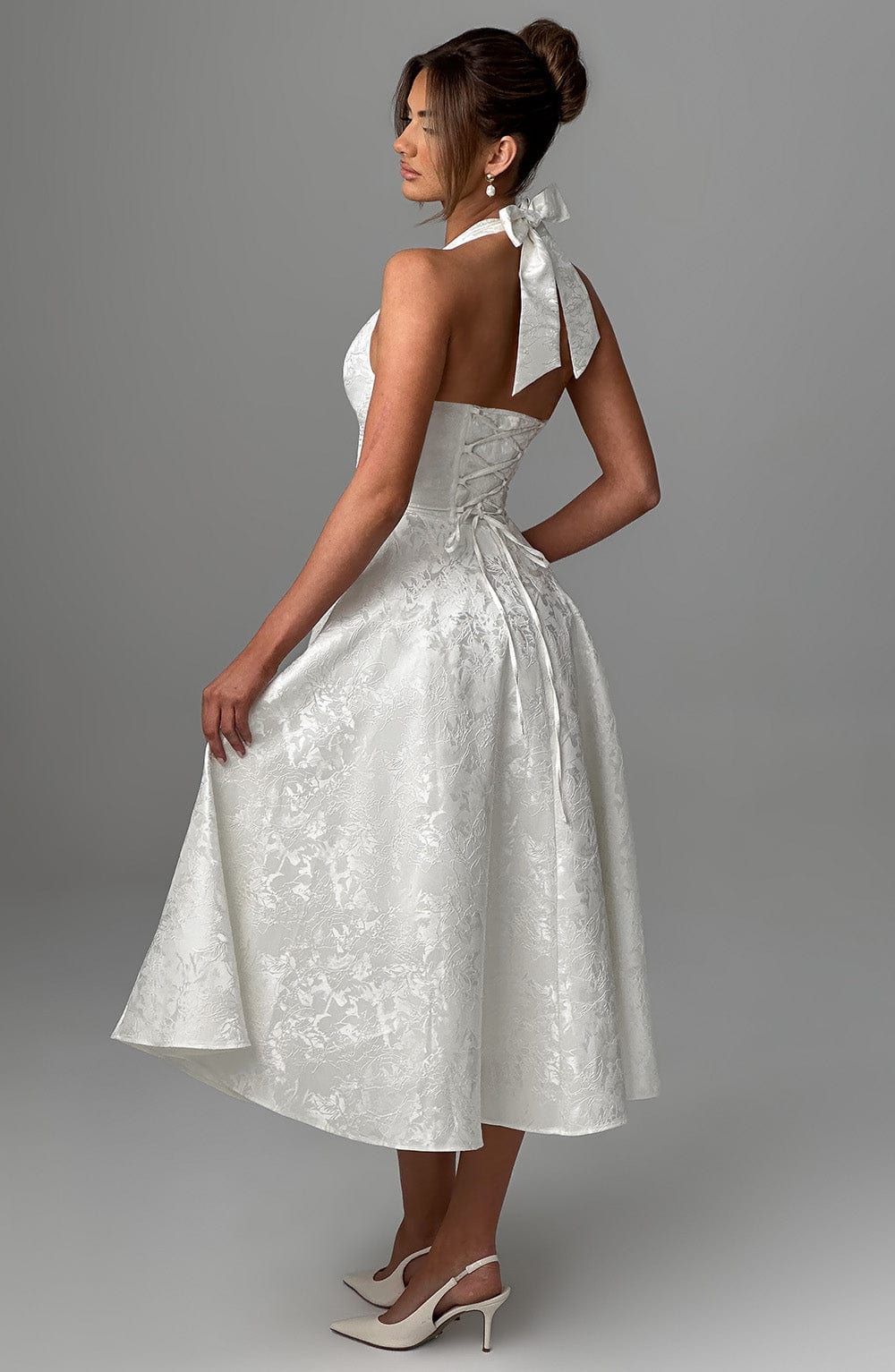 Elegant Midi Dress | Women's Flared White Cocktail Dress with Halter Neckline | Timeless Style for Special Occasions