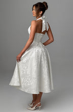 Elegant Midi Dress | Women's Flared White Cocktail Dress with Halter Neckline | Timeless Style for Special Occasions