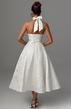 Elegant Midi Dress | Women's Flared White Cocktail Dress with Halter Neckline | Timeless Style for Special Occasions