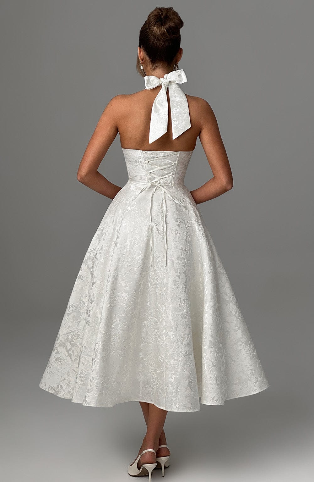 Elegant Midi Dress | Women's Flared White Cocktail Dress with Halter Neckline | Timeless Style for Special Occasions