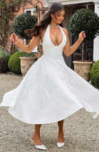 Elegant Midi Dress | Women's Flared White Cocktail Dress with Halter Neckline | Timeless Style for Special Occasions