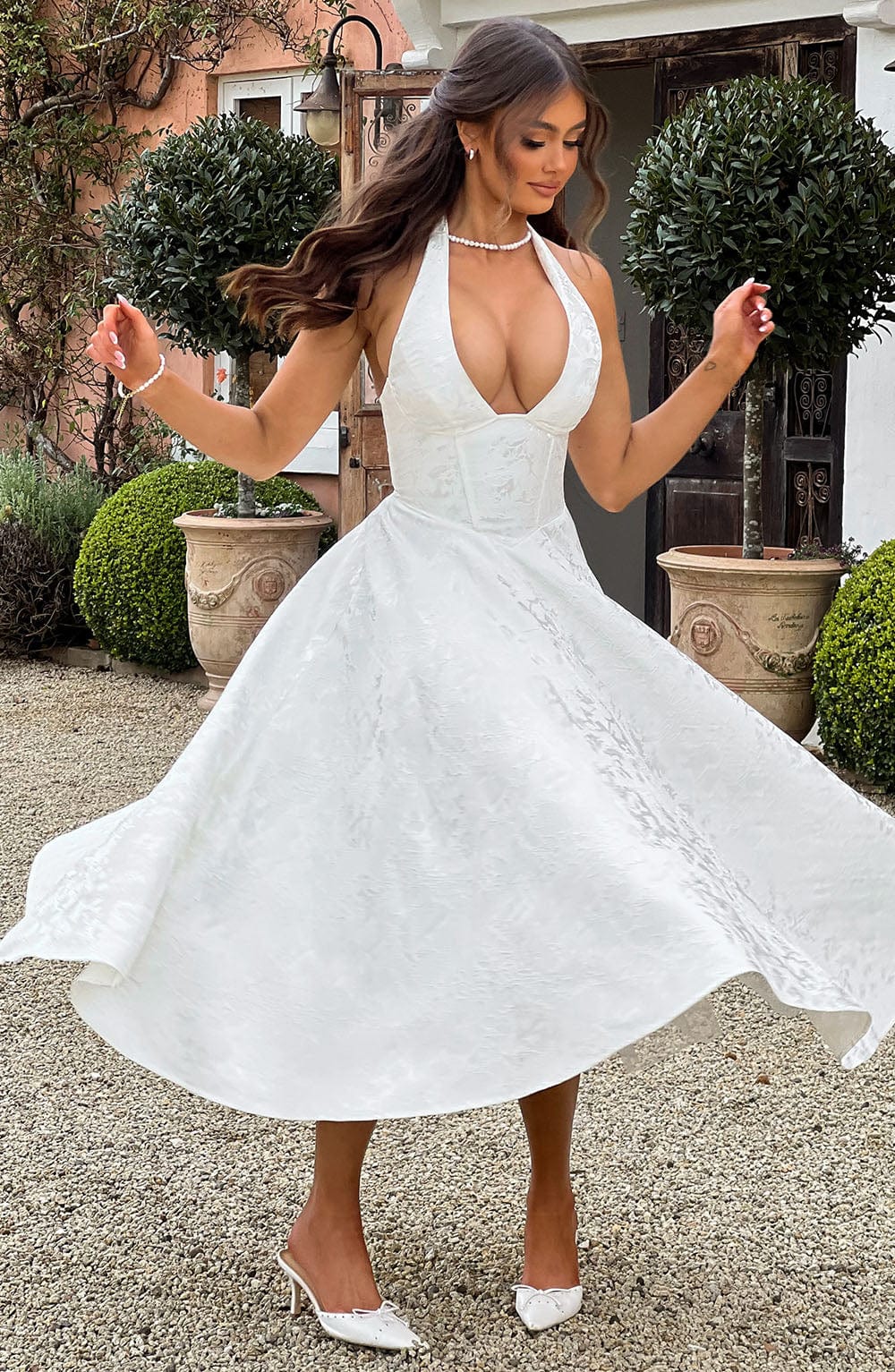 Elegant Midi Dress | Women's Flared White Cocktail Dress with Halter Neckline | Timeless Style for Special Occasions
