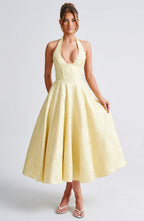 Elegant Midi Dress | Women's Flared White Cocktail Dress with Halter Neckline | Timeless Style for Special Occasions