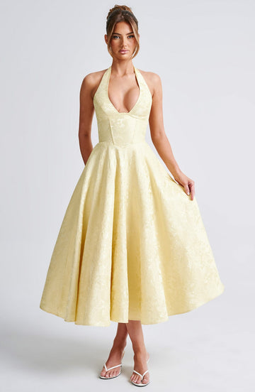 Elegant Midi Dress | Women's Flared White Cocktail Dress with Halter Neckline | Timeless Style for Special Occasions