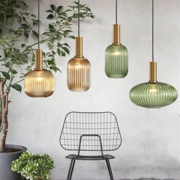 Striped Glass Pendant Light, Minimalist, Adjustable Length, Green, Kitchen