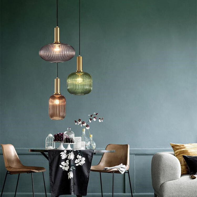 Striped Glass Pendant Light, Minimalist, Adjustable Length, Green, Kitchen