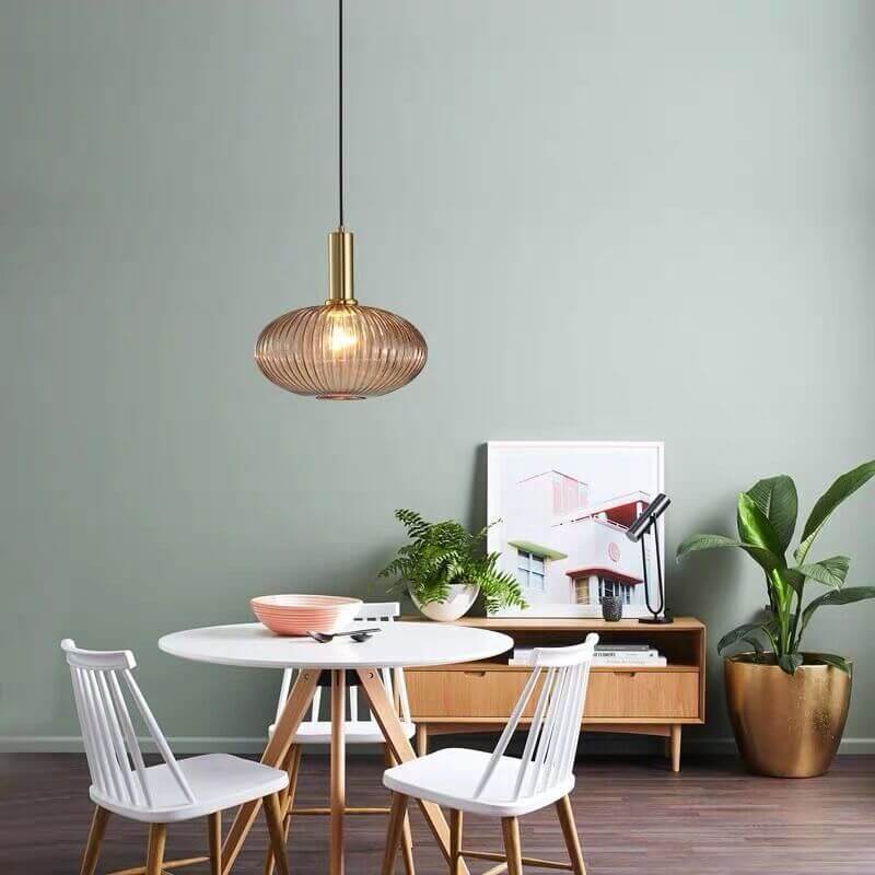 Striped Glass Pendant Light, Minimalist, Adjustable Length, Green, Kitchen