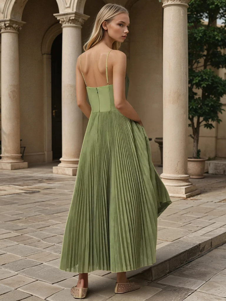 Elegant Pleated Maxi Dress | Flattering Waist-Defining Structure for Timeless Style