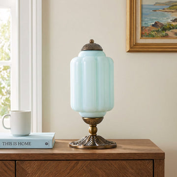 Elegant Retro Cream Milk Glass Table Lamp with Ribbed Shade | Stylish Nightstand Lighting for Cozy Ambience