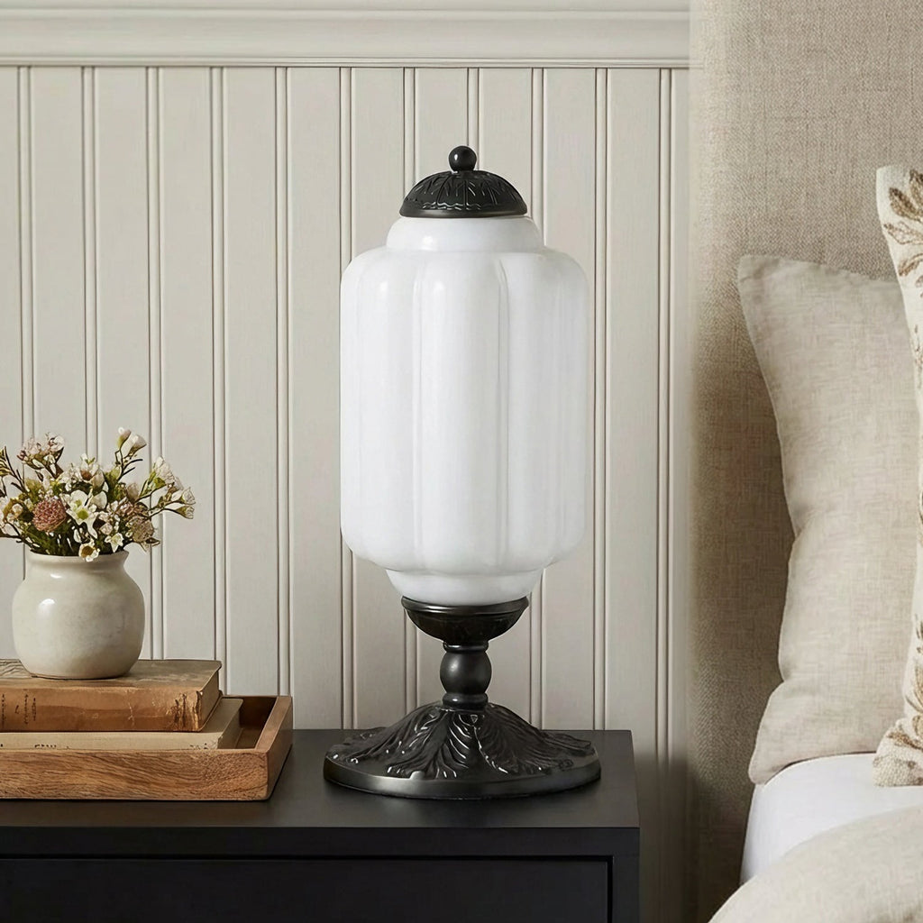 Elegant Retro Cream Milk Glass Table Lamp with Ribbed Shade | Stylish Nightstand Lighting for Cozy Ambience