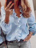 Elegant Ruffled V-Neck Women's Blouse with Long Sleeves | Stylish Comfort for Everyday Wear