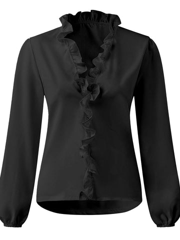 Elegant Ruffled V-Neck Women's Blouse with Long Sleeves | Stylish Comfort for Everyday Wear