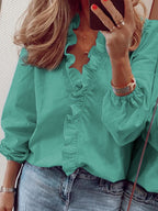 Elegant Ruffled V-Neck Women's Blouse with Long Sleeves | Stylish Comfort for Everyday Wear