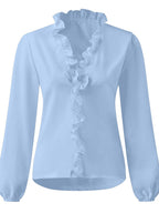 Elegant Ruffled V-Neck Women's Blouse with Long Sleeves | Stylish Comfort for Everyday Wear