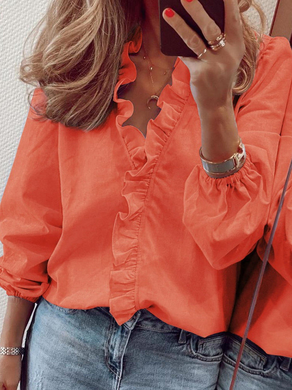 Elegant Ruffled V-Neck Women's Blouse with Long Sleeves | Stylish Comfort for Everyday Wear