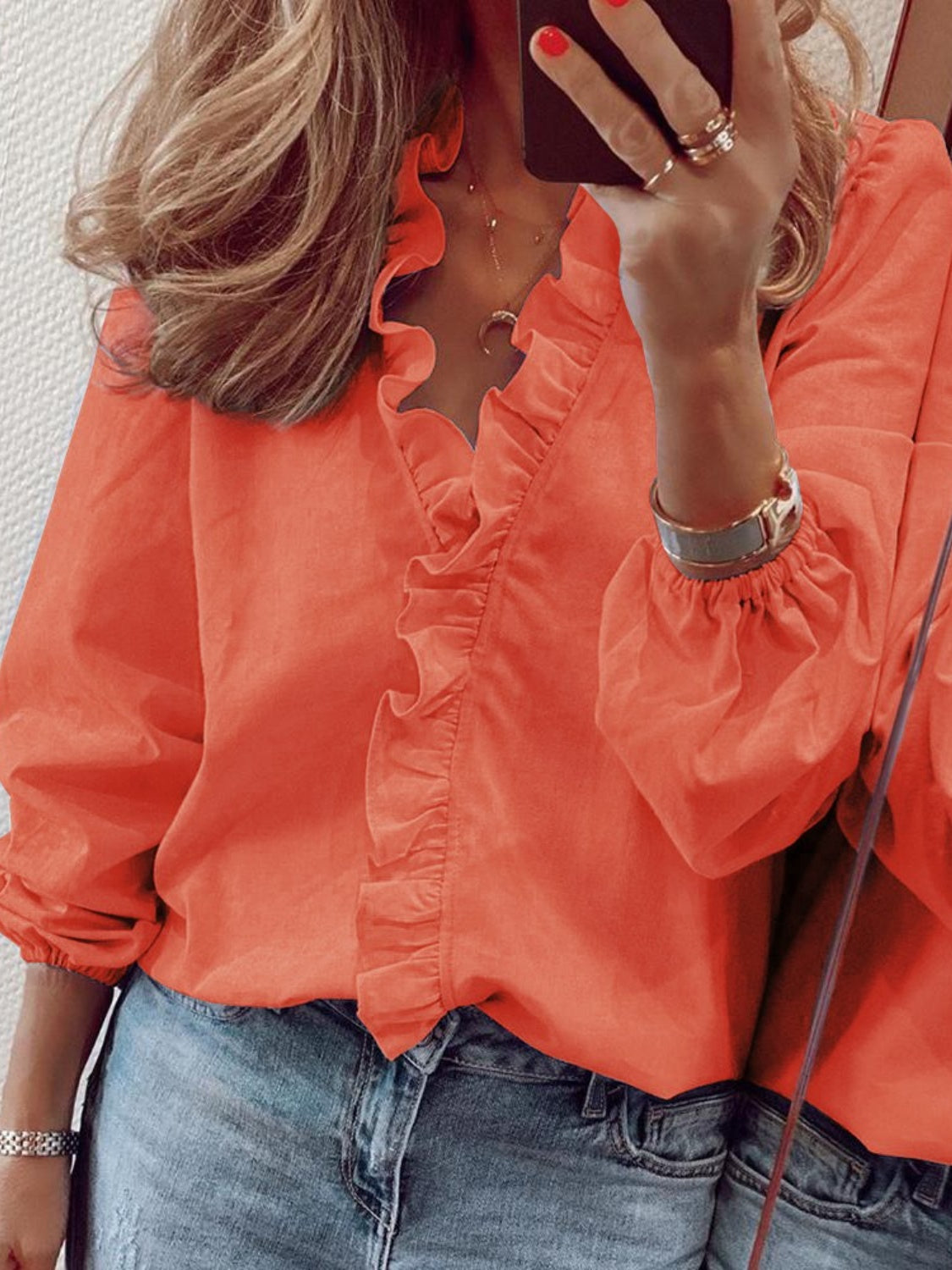 Elegant Ruffled V-Neck Women's Blouse with Long Sleeves | Stylish Comfort for Everyday Wear