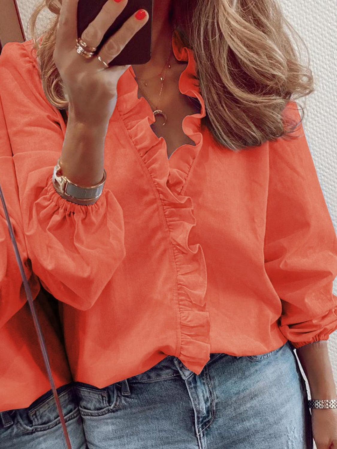 Elegant Ruffled V-Neck Women's Blouse with Long Sleeves | Stylish Comfort for Everyday Wear