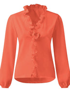 Elegant Ruffled V-Neck Women's Blouse with Long Sleeves | Stylish Comfort for Everyday Wear