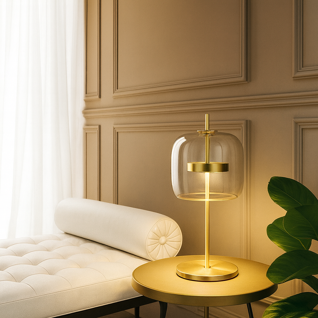 Elegant Stained Glass Table Lamp with Integrated LED & Gold Finish | Stylish Bedside Lighting for Contemporary Living Spaces