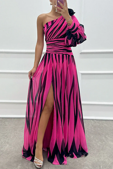 Elegant Striped Maxi Dress | One-Shoulder Design with Flattering Fit for Unforgettable Events