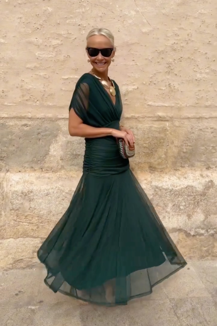 Elegant V-Neck Maxi Dress with Flowing Skirt | Long Dresses for Women