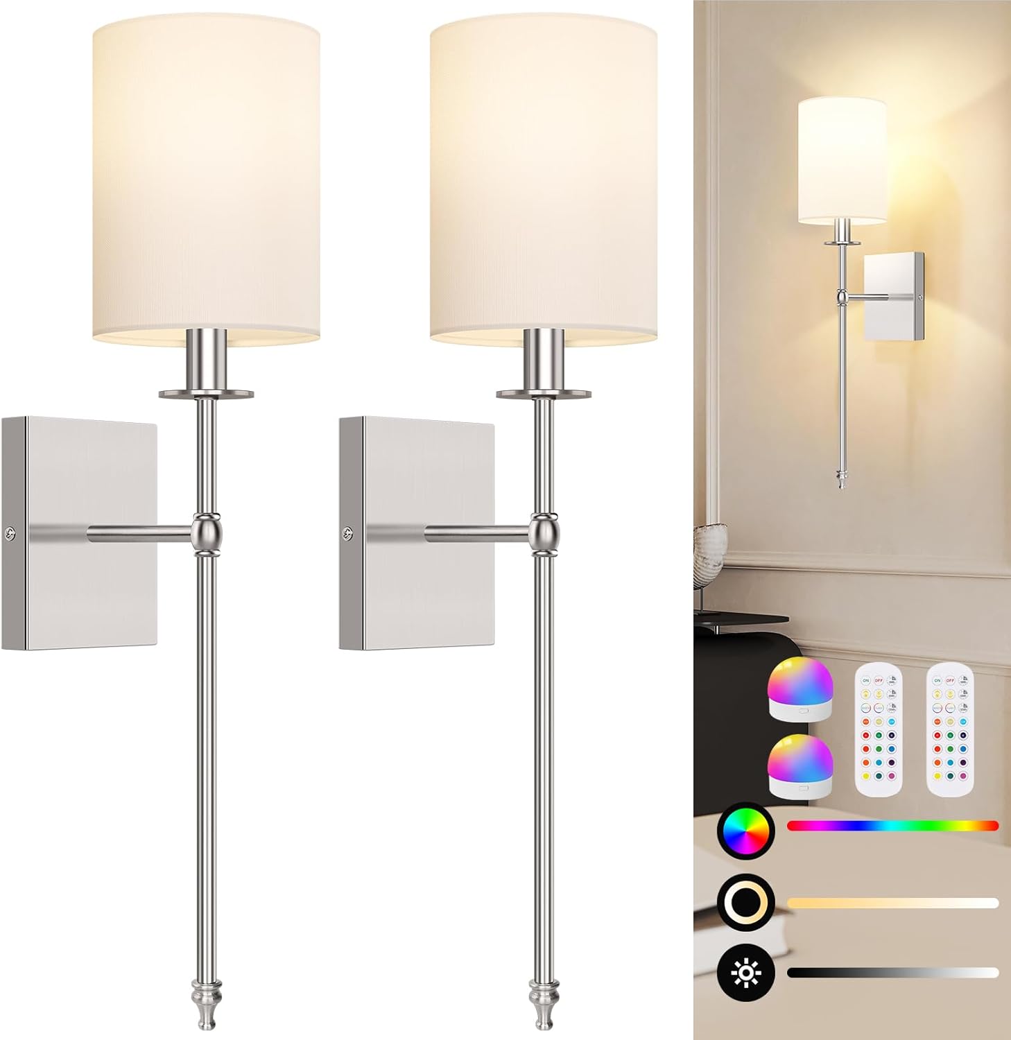 Elegant Wall Sconce Lighting Set of 2 with Remote Control - Dimmable LED Wall Lights for Versatile Home Decor