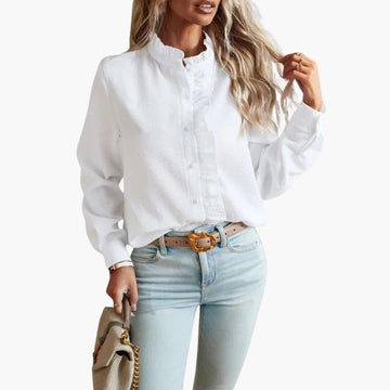 Elegant Women's Blouse with Ruffle Front & Long Sleeves | Versatile Woven Top for Effortless Style