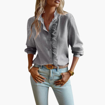 Elegant Women's Blouse with Ruffle Front & Long Sleeves | Versatile Woven Top for Effortless Style