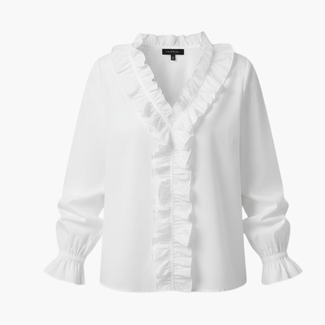 Elegant Women's Blouse with V-Neckline & Ruffle Detail | Long Sleeve Top for Effortless Style