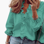 Elegant Women's Blouse with V-Neckline & Ruffle Detail | Long Sleeve Top for Effortless Style