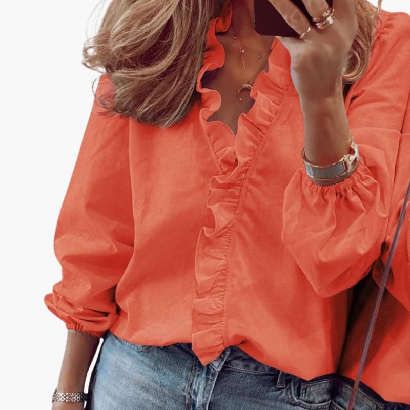 Elegant Women's Blouse with V-Neckline & Ruffle Detail | Long Sleeve Top for Effortless Style