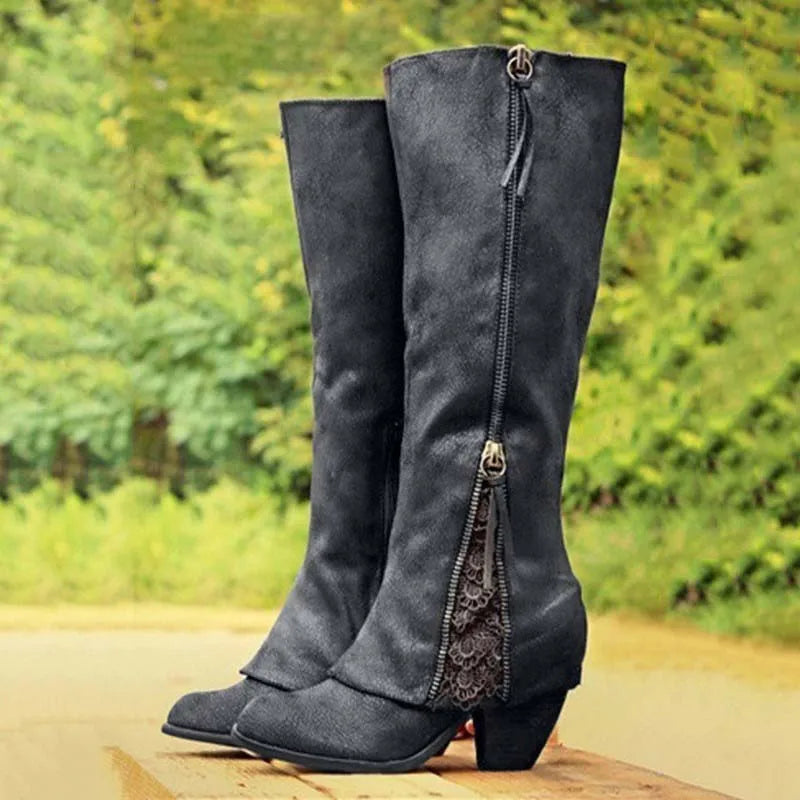 Elegant | Black Knee High Boots with Lace Detail & Block Heel for All-Day Wear