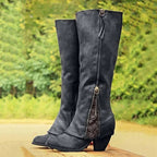 Elegant | Black Knee High Boots with Lace Detail & Block Heel for All-Day Wear