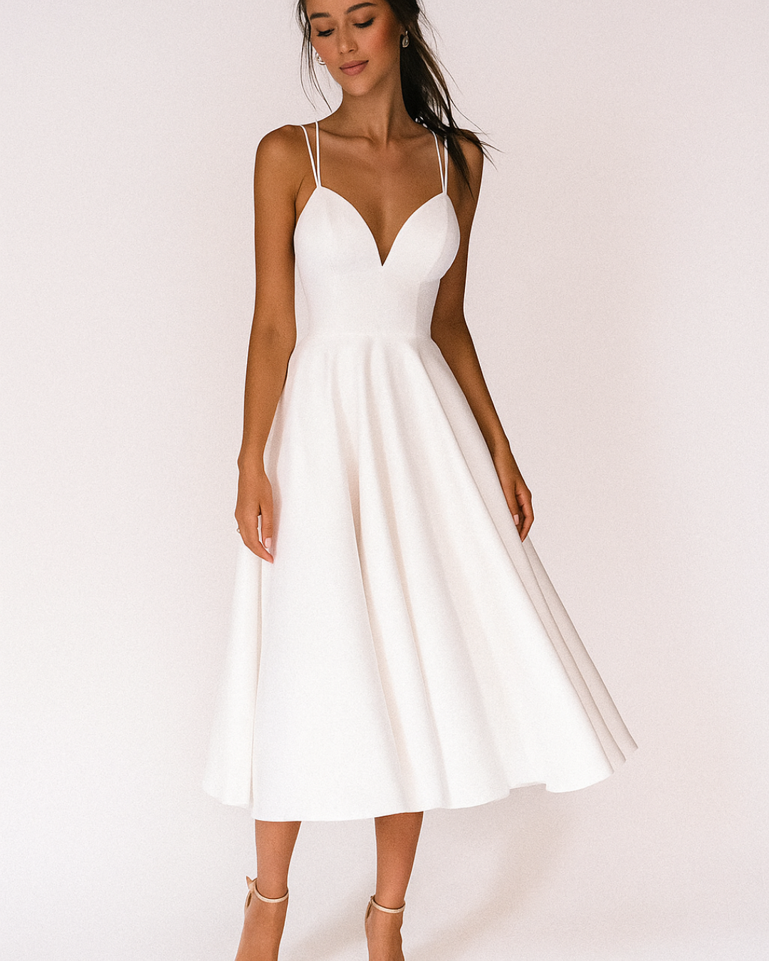 Elegant | White Midi Dress for Women with Strappy Neckline | Flattering Fit for Special Occasions