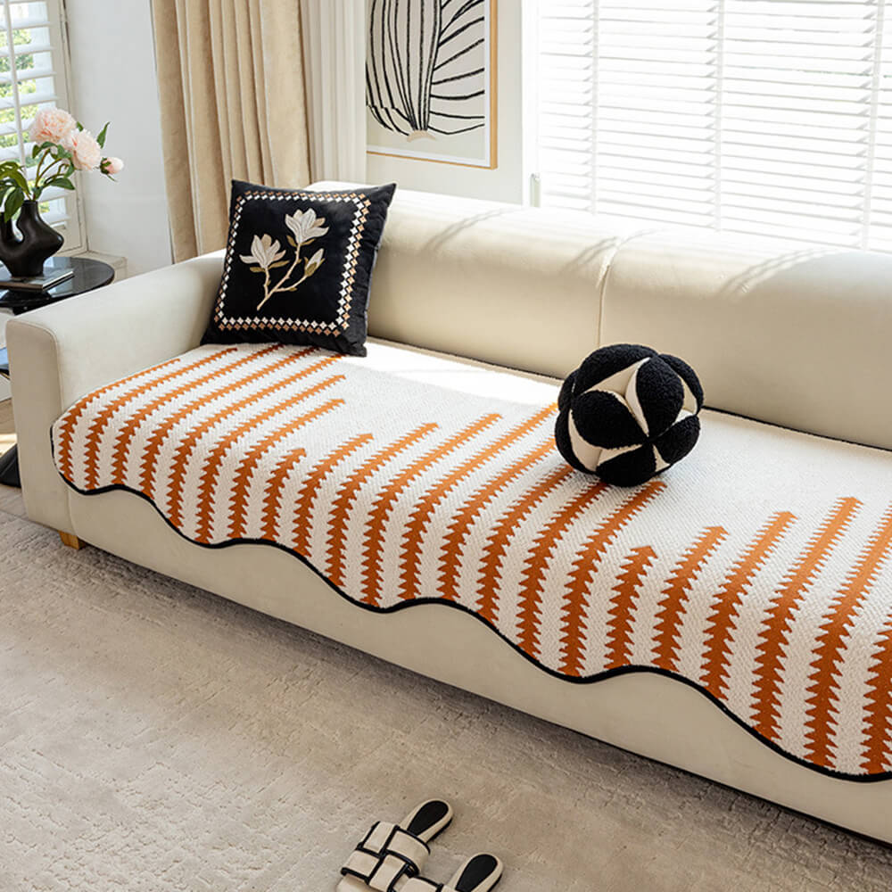 Chenille Chevron Couch Cover with Wavy Edges